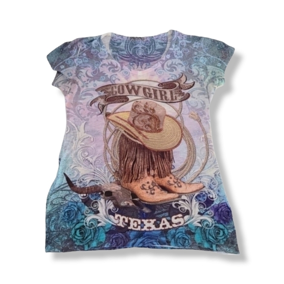 SWEET GISELE Cowgirl Western Graphic Tee M Cowboy Boots Hat Texas Gold Bling - Picture 3 of 16